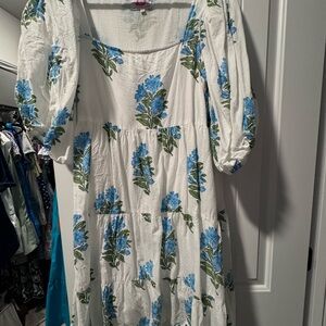 VICTORIA DUNN: Floral White and Blue Linen Dress